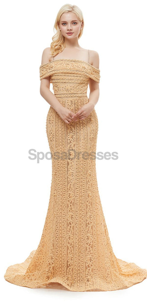 Off Shoulder Spaghetti Straps Gold Lace Evening Prom Dresses, Evening Party Prom Dresses, 12056