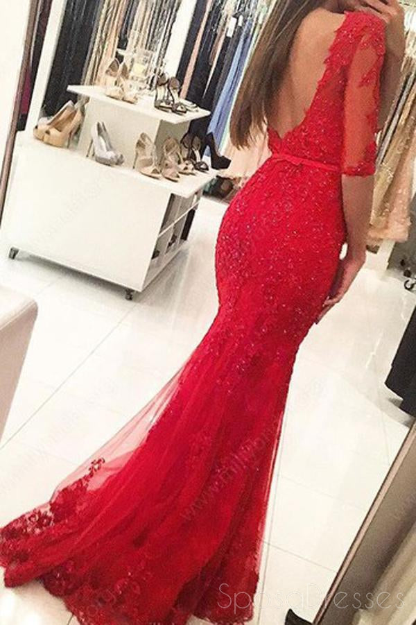 Long Sleeve Backless High Neck Red Mermaid Lace Long Evening Prom Dresses, 17460