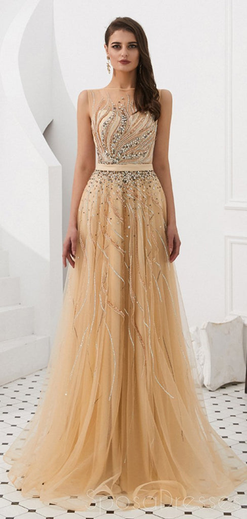 Cowl See Through Gold Beaded A-line Evening Prom Vestidos, Fiesta Vespertina De Fiesta De Graduación, 12093