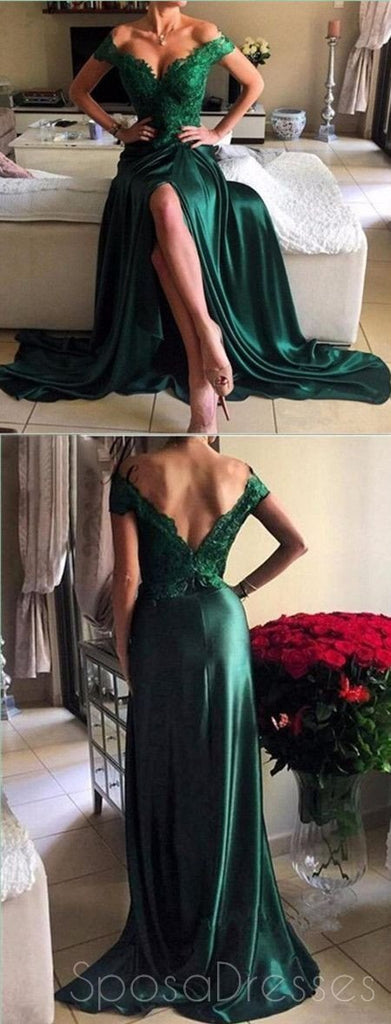 Off Shoulder Emerald Green Side Slit Lace Evening Prom Dresses,  Long Prom Dresses, 17064