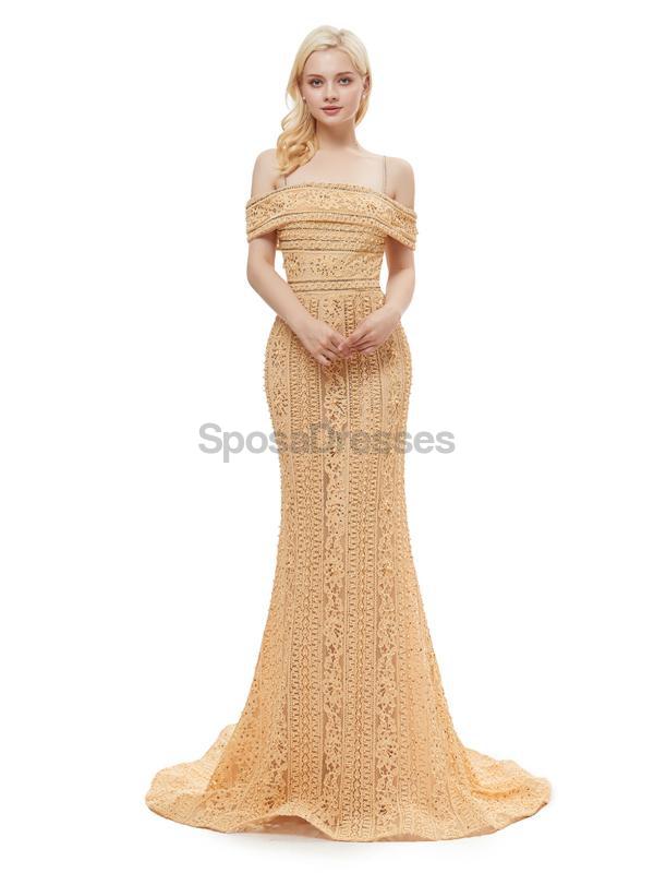 Off Shoulder Spaghetti Straps Gold Lace Evening Prom Dresses, Evening Party Prom Dresses, 12056