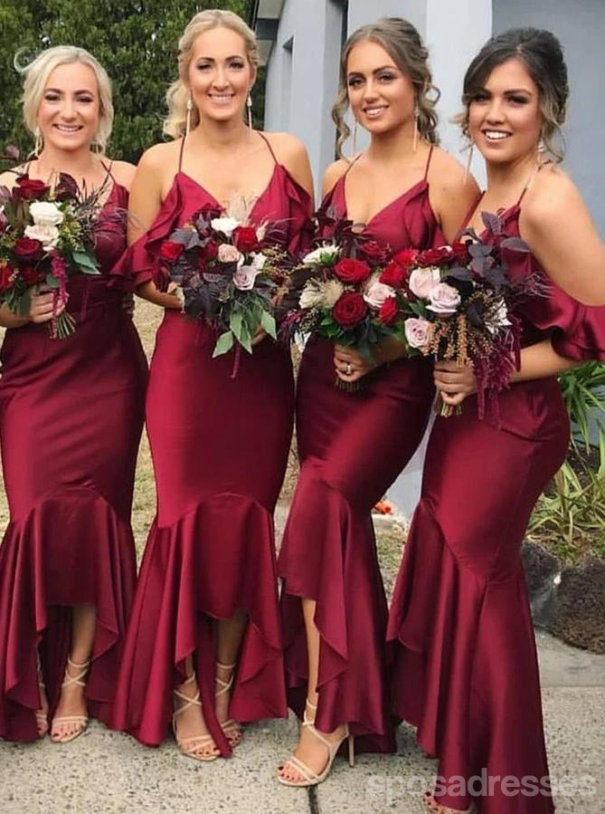 Halter Dark Red Mermaid High Low Cheap Bridesmaid Vestidos Online, WG683