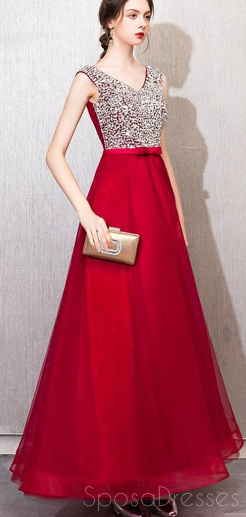 Red V Neck Beaded Cheap Long Evening Prom Dresses, Cheap Custom Sweet 16 Dresses, 18523