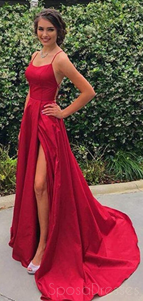 Vermelho Sexy Lado Slit Spaghetti Straps Cheap Long Evening Prom Vestidos, Cheap Sweet 16 Vestidos, 18374