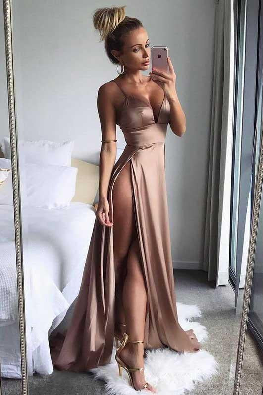 Sexy Side Slit Spaghetti Straps Long Evening Prom Dresses, 17699