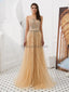 Cowl See Through Gold Beaded A-line Evening Prom Vestidos, Fiesta Vespertina De Fiesta De Graduación, 12093