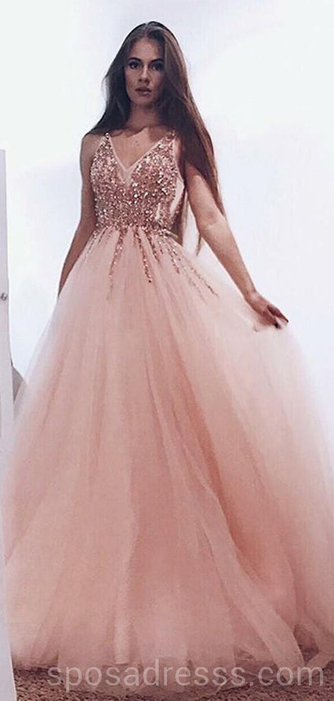 Peach Tulle Rose Gold Beaded Long Evening Prom Dresses, Cheap Custom Sweet 16 Dresses, 18547