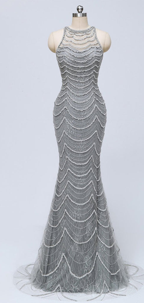 Grey Lace Heavily Beaded Mermaid Long Evening Prom Dresses, Luxurious Sweet 16 Dresses, 18347