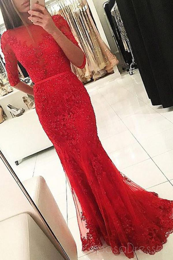 Long Sleeve Backless High Neck Red Mermaid Lace Long Evening Prom Dresses, 17460