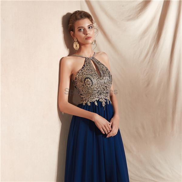 Navy Gold Lace Beaded Chiffon Evening Prom Dresses, Evening Party Prom Dresses, 12067