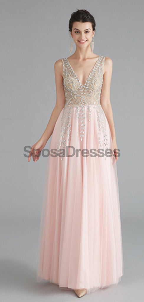 V Neck Chiffon Heavily Beaded Pink Evening Prom Dresses, Evening Party Prom Dresses, 12122