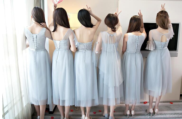 Mismatched Gray Tea Length Lace Bridesmaid Dresses, Bridesmaid Dresses,BD025