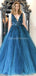 V Neck Teal Applique A-line Long Evening Prom Dresses, Evening Party Prom Dresses, 12302