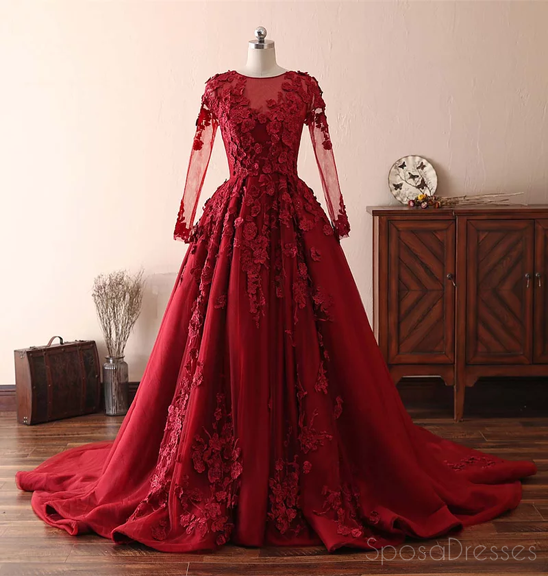 Long Sleeves Lace Dark Red Evening Prom Φορέματα, Φτηνές Προσαρμοσμένα Γλυκά 16 Φορέματα, 18533