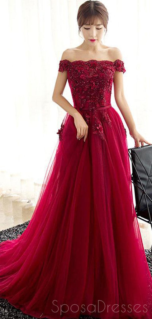 Off Shoulder Red Lace Beaded A-line Long Evening Prom Dresses, Cheap Sweet 16 Dresses, 18409