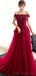 Off Shoulder Red Lace Beaded A-line Long Evening Prom Dresses, Cheap Sweet 16 Dresses, 18409