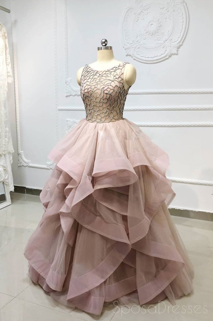 Scoop Grey Champagne Ball Gown Long Evening Prom Dresses, Party Custom Prom Dresses, 18634