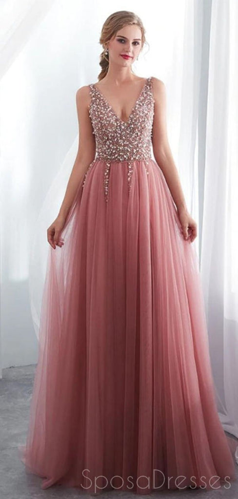 Dusty Pink V Neck côté Neck Beaded Long Evening Prom Dresses, Cheap Custom Sweet 16 Dresses, 18519