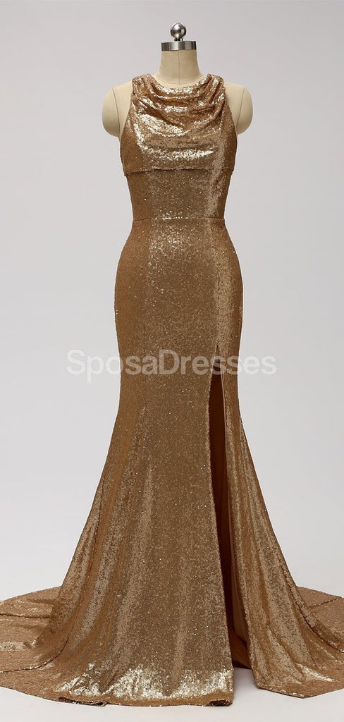 Gold Sequin See Through Halter Mermaid Long  Bridesmaid Dresses Online, WG598