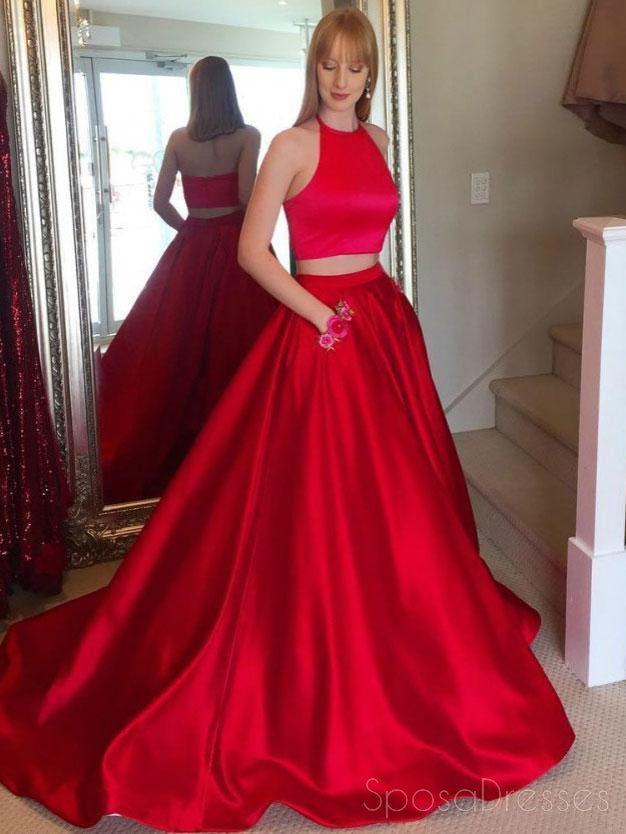 Simple Cheap Elegant Fashion Sexy Two Pieces A line Custom Red Long Evening Prom Dresses, 17360