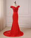 Off Shoulder Bright Red Lace Mermaid Long Evening Prom Dresses, 17558