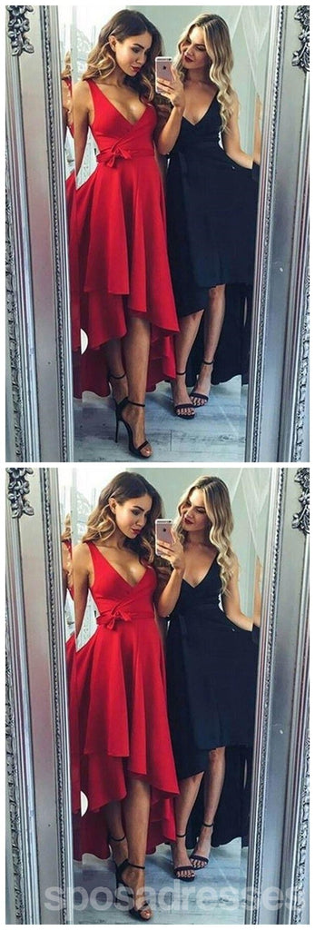 High Low V Neck Simple Cute Red Homecoming Dresses 2018, CM560