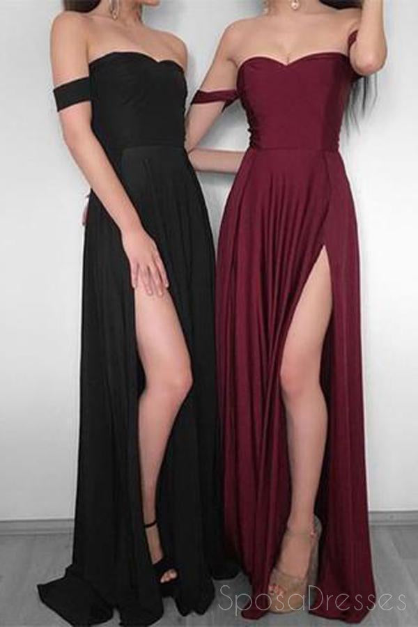 Simple Off Shoulder Side Slit Maroon Long Evening Prom Dresses, 17700