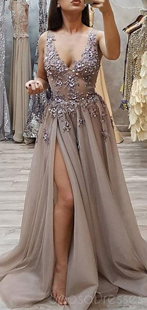 Sexy V Neck See Through Grey Side Slit Lace Long Evening Prom Dresses, Cheap Sweet 16 Dresses, 18440