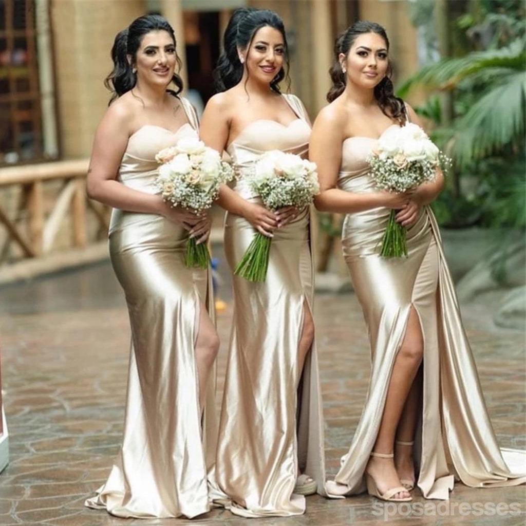 Sexy Mermaid Champagne One Shoulder High Slit Long Bridesmaid Dresses Gown Online,WG1111