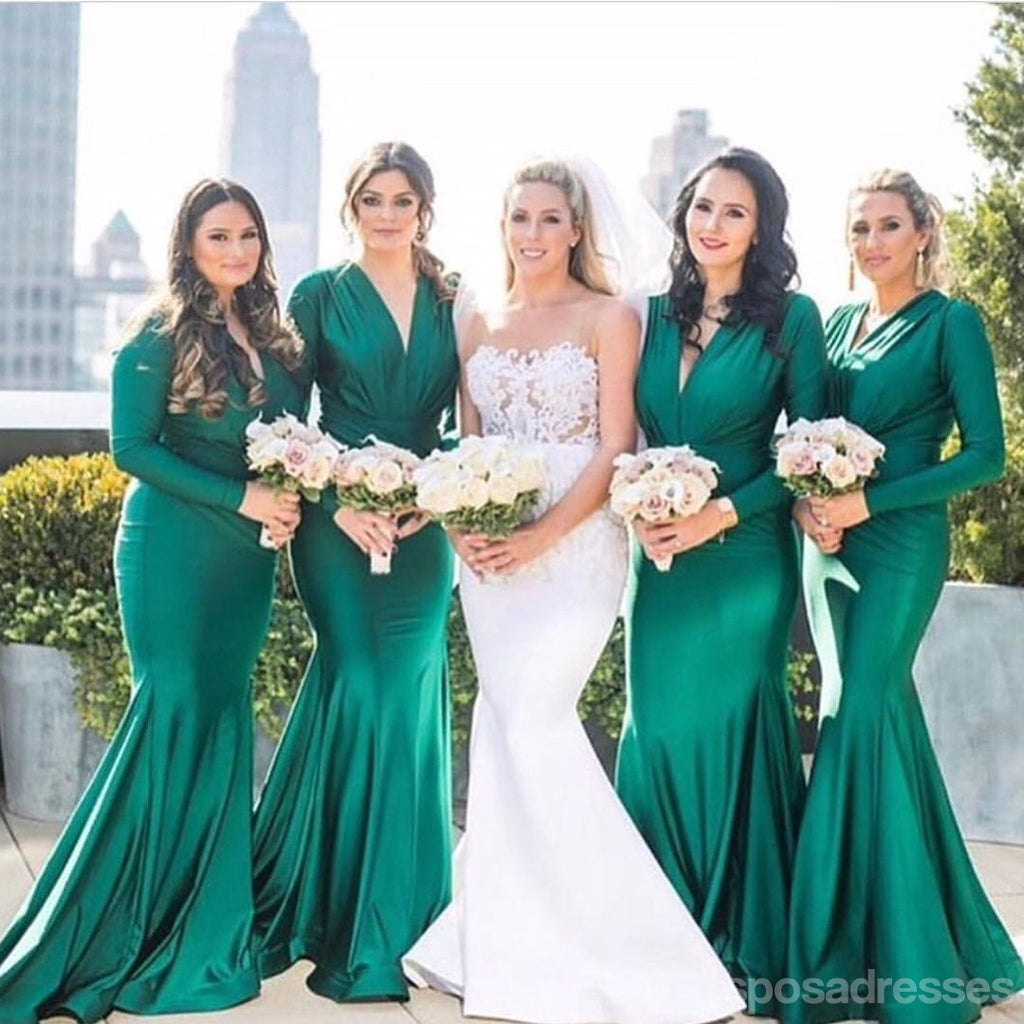 Green Mermaid Long Sleeves V-neck Cheap Bridesmaid Dresses Gown Online,WG1137