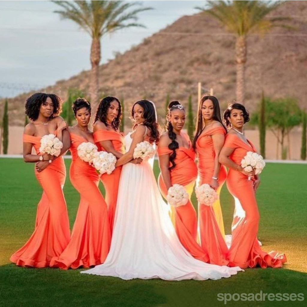 Orange Mermaid Off Shoulder V-neck Long Bridesmaid Dresses Gown Online,WG1129