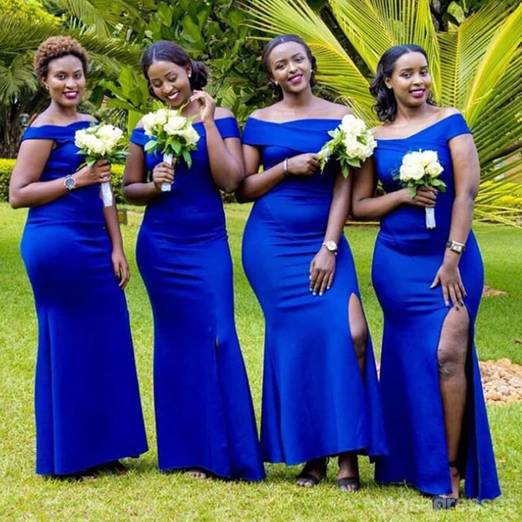 Royal Blue Off Shoulder Mermaid High Slit Long Bridesmaid Dresses Gown Online,WG1102