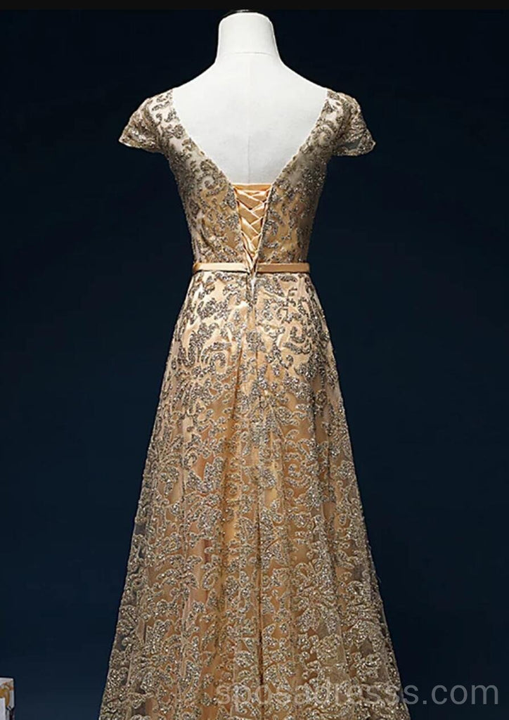 Sparkly Gold Kurze Ärmel lange Abend Ball Kleider, billige Custom Sweet 16 Kleider, 18541