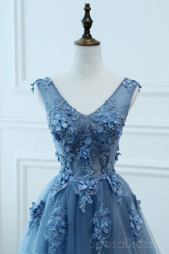 V Neck Dusty Blue Lace Beaded Long Evening Prom Dresses, Cheap Custom Party Prom Dresses, 18585