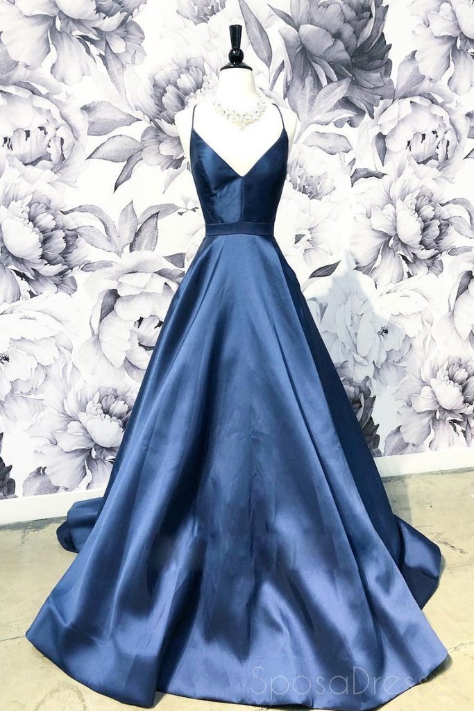 Simple Navy Blue Cheap Long Evening Prom Dresses, Cheap Custom Party Prom Dresses, 18584