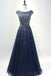 Cap Sleeves Navy Tulle Beaded Long Evening Prom Dresses, Cheap Custom Party Prom Dresses, 18586