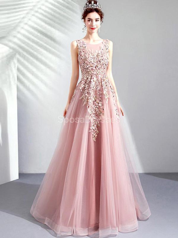 Scoop Lace Beaded Pink Long Evening Prom Dresses, vestidos de fiesta de noche, 12286