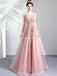 Scoop Lace Beaded Pink Long Evening Prom Dresses, vestidos de fiesta de noche, 12286