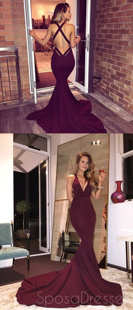 Sexy Mermaid Maroon Backless Evening Prom Dresses, longue robe de bal du parti Neckline V profonde, 17118