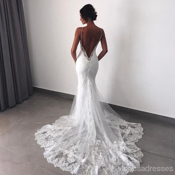 Spaghetti Straps Backless V-neck Long Mermaid Wedding Dresses,WD733