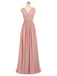 Dusty Pink V-Ausschnitt Spitzenriemen Long Chiffon Günstige Brautjungfernkleider Online, WG280