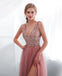 V Neck Lace Beaded Peach Evening Prom Dresses, Evening Party Prom Dresses, 12022