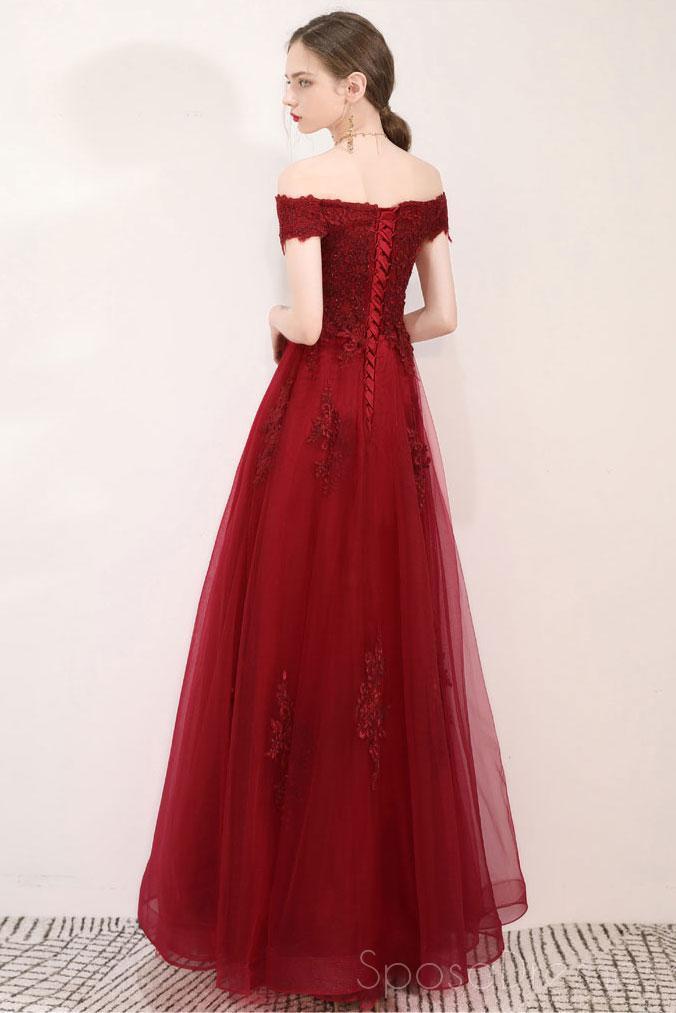 Off Shoulder Dark Red Lace Long Evening Prom Dresses, Cheap Party Custom  Prom Dresses, 18620