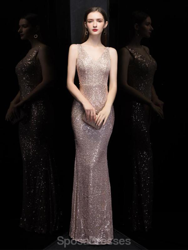 Sexy Mermaid V Neck Champagne Gold Long Soirée Prom Dresses, Soirée Prom Dresses, 12319