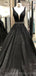 V-cou dentelle noire perlée A-ligne longues robes de bal de soirée, pas cher personnalisé Sweet 16 robes, 18553