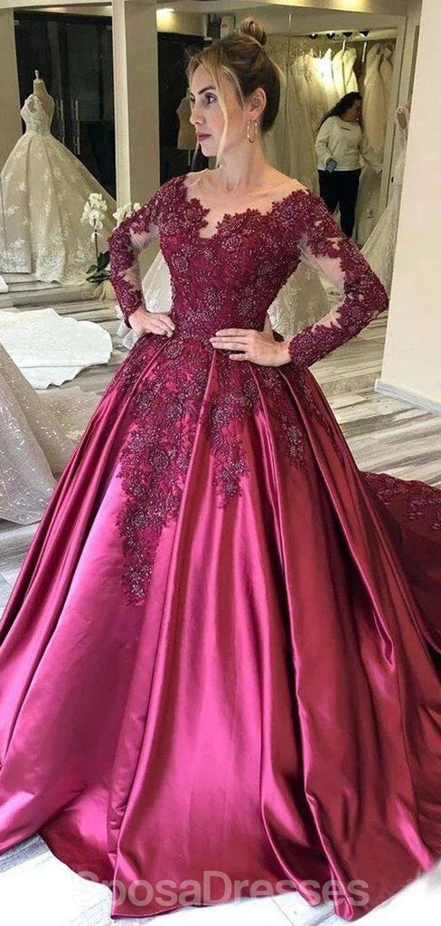 Mangas compridas Lace Applique roxo longo Evening Prom Dresses, Evening Party Prom Dresses, 12177