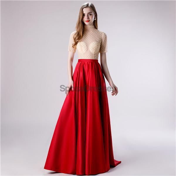 1/2 Long Sleeves High Neck Red Skirt Sequin Top Evening Prom Dresses, Evening Party Prom Dresses, 12116