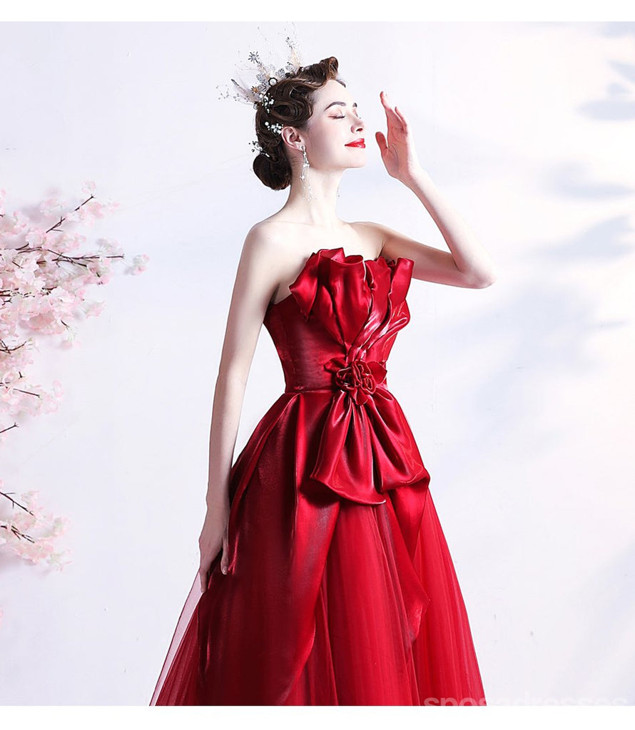 Sweetheart Red Ruffle A-line Long Evening Party Prom Dresses, Dance Dresses,12523