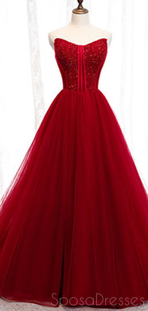 Red Tulle A-line Cheap Long Evening Prom Dresses, Sweet 16 Prom Dresses, 12352