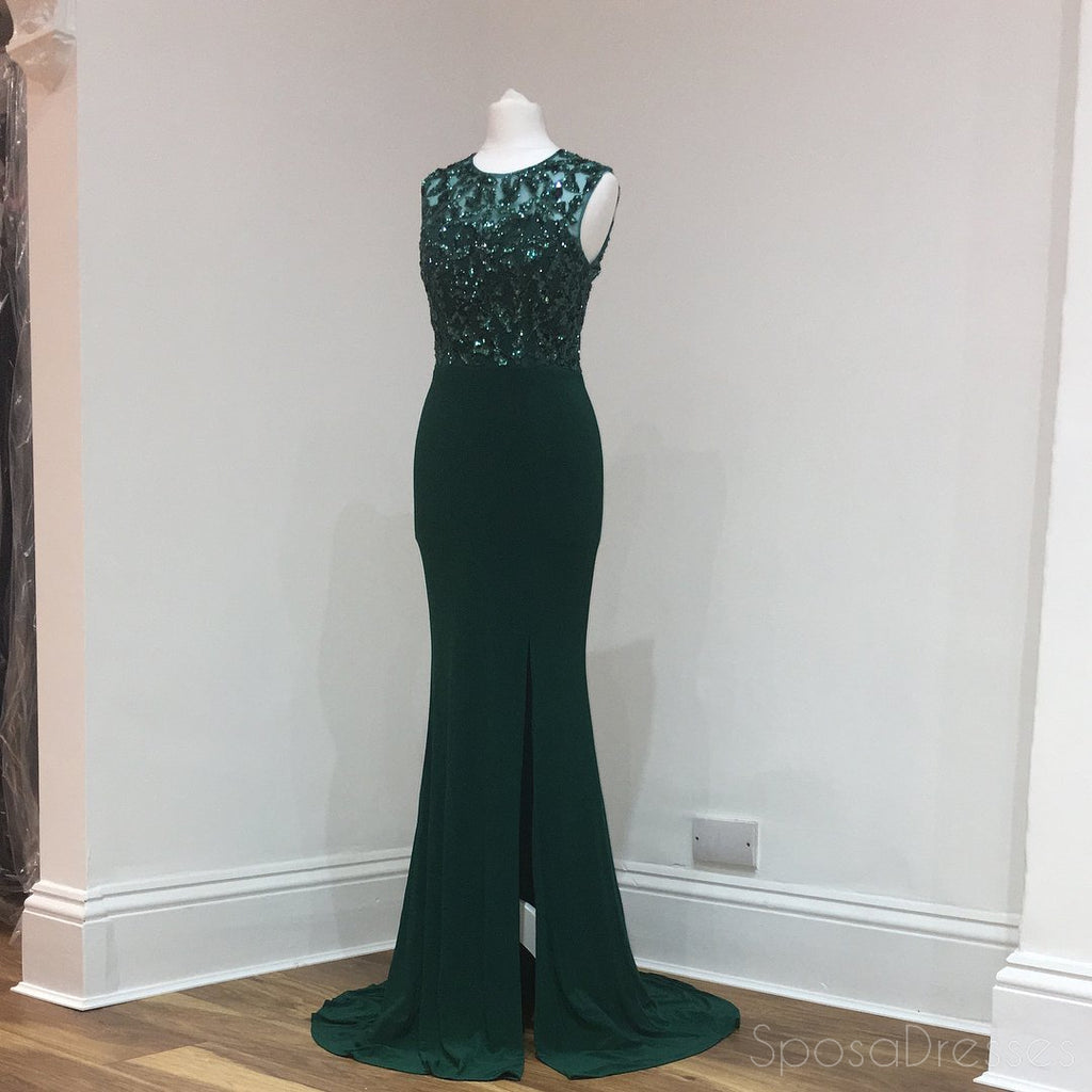 Sexy Open Back Emerald Green Side Slit Mermaid Sequin Lace Long Evening Prom Dresses, Popular Cheap Long Custom Party Prom Dresses, 17315